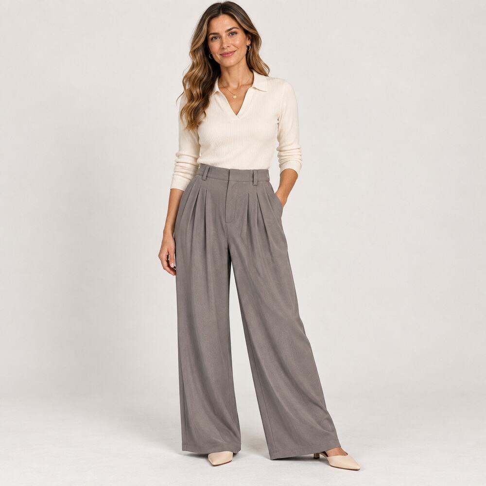 Halara Wide Leg Pants Womens Small P Gray Knit Pleated Pull On Comfort Stretchy